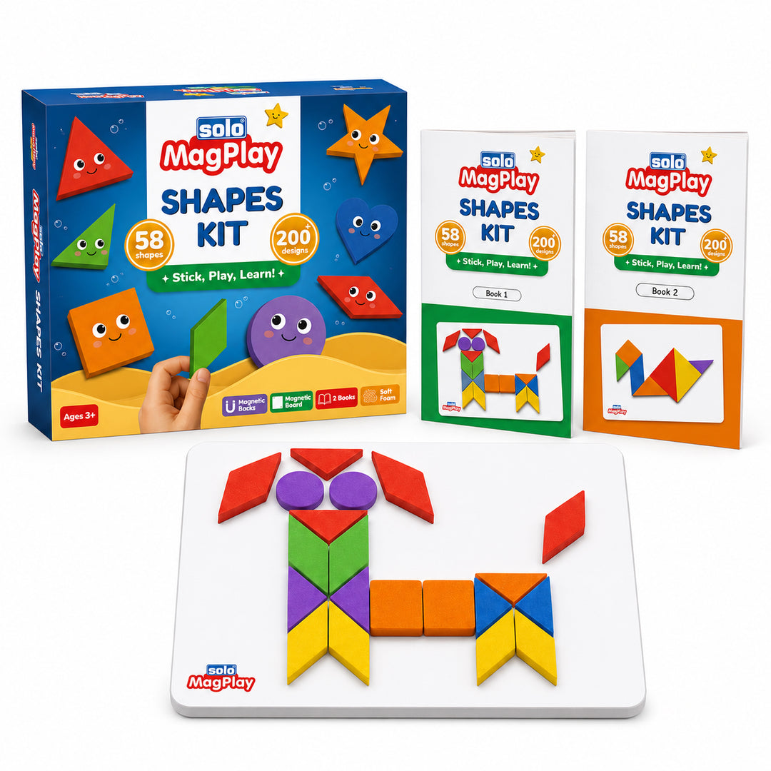 MagPlay Shapes Kit — 58 Magnetic Foam Shapes | A4 Metal Play Board | 2 Pattern Books | 200+ Designs | Bonus 7-Piece Tangram Set