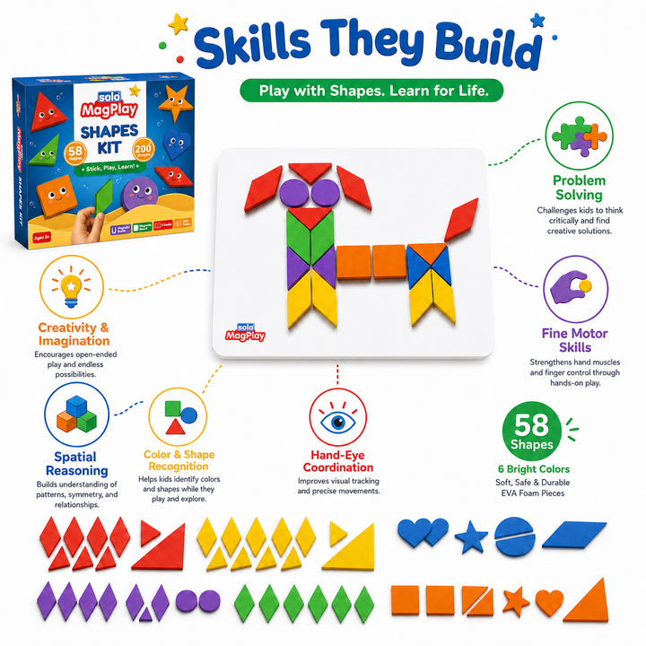 MagPlay Shapes Kit — 58 Magnetic Foam Shapes | A4 Metal Play Board | 2 Pattern Books | 200+ Designs | Bonus 7-Piece Tangram Set