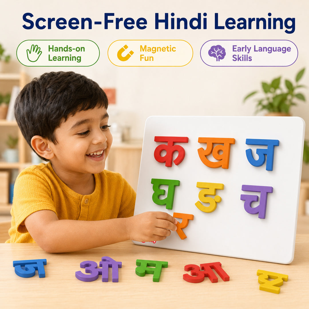 MagPlay Hindi Letters Kit (Varnmala Kit) — 60 Magnetic Foam Letters + A4 Metal Play Board