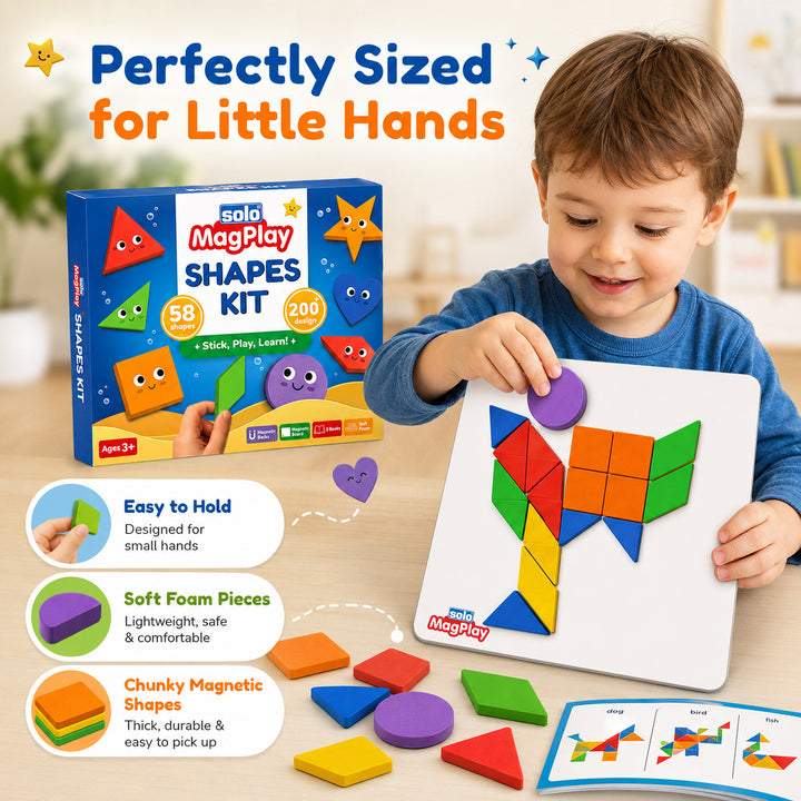 MagPlay Shapes Kit — 58 Magnetic Foam Shapes | A4 Metal Play Board | 2 Pattern Books | 200+ Designs | Bonus 7-Piece Tangram Set