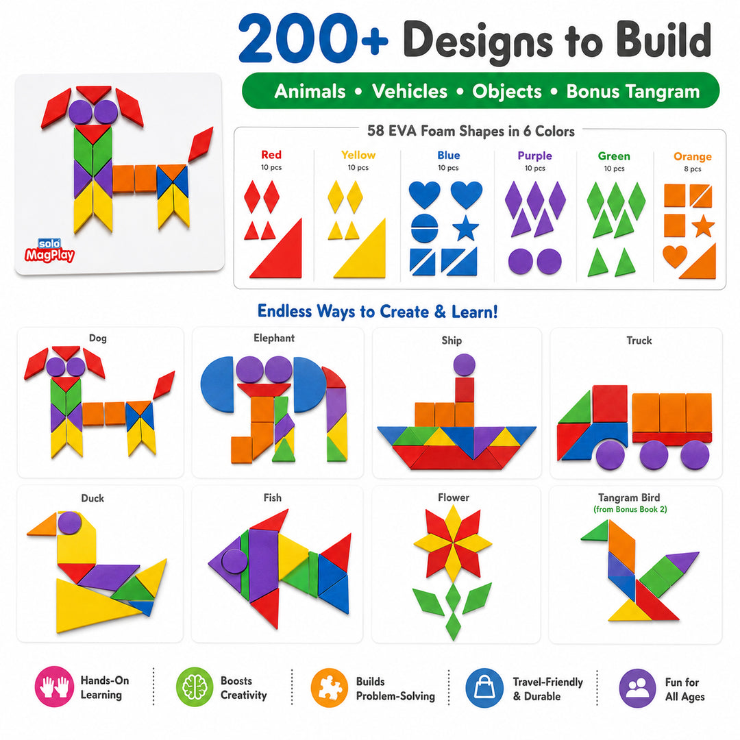 MagPlay Shapes Kit — 58 Magnetic Foam Shapes | A4 Metal Play Board | 2 Pattern Books | 200+ Designs | Bonus 7-Piece Tangram Set