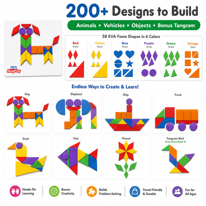 MagPlay Shapes Kit — 58 Magnetic Foam Shapes | A4 Metal Play Board | 2 Pattern Books | 200+ Designs | Bonus 7-Piece Tangram Set