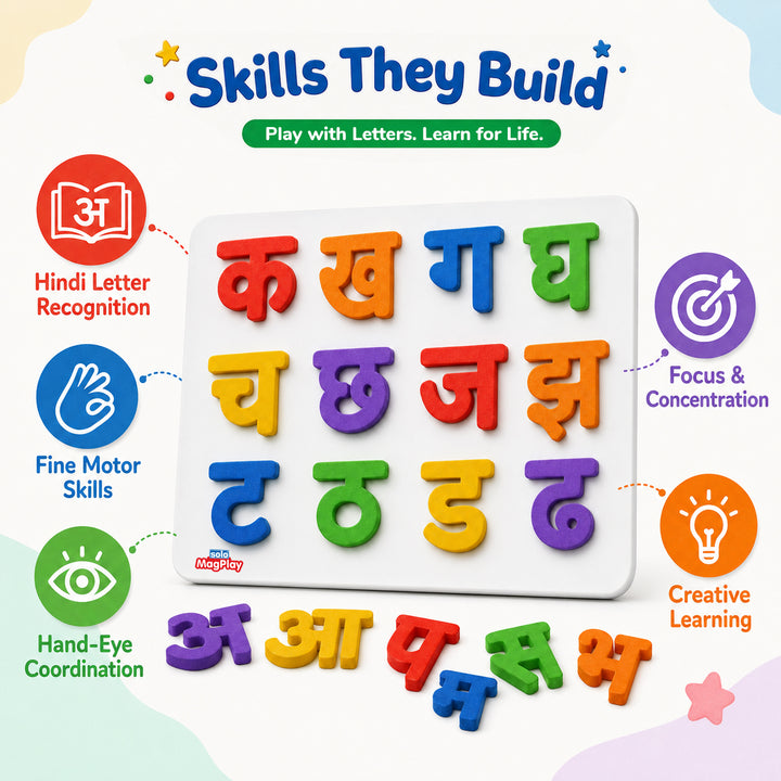 MagPlay Hindi Letters Kit (Varnmala Kit) — 60 Magnetic Foam Letters + A4 Metal Play Board