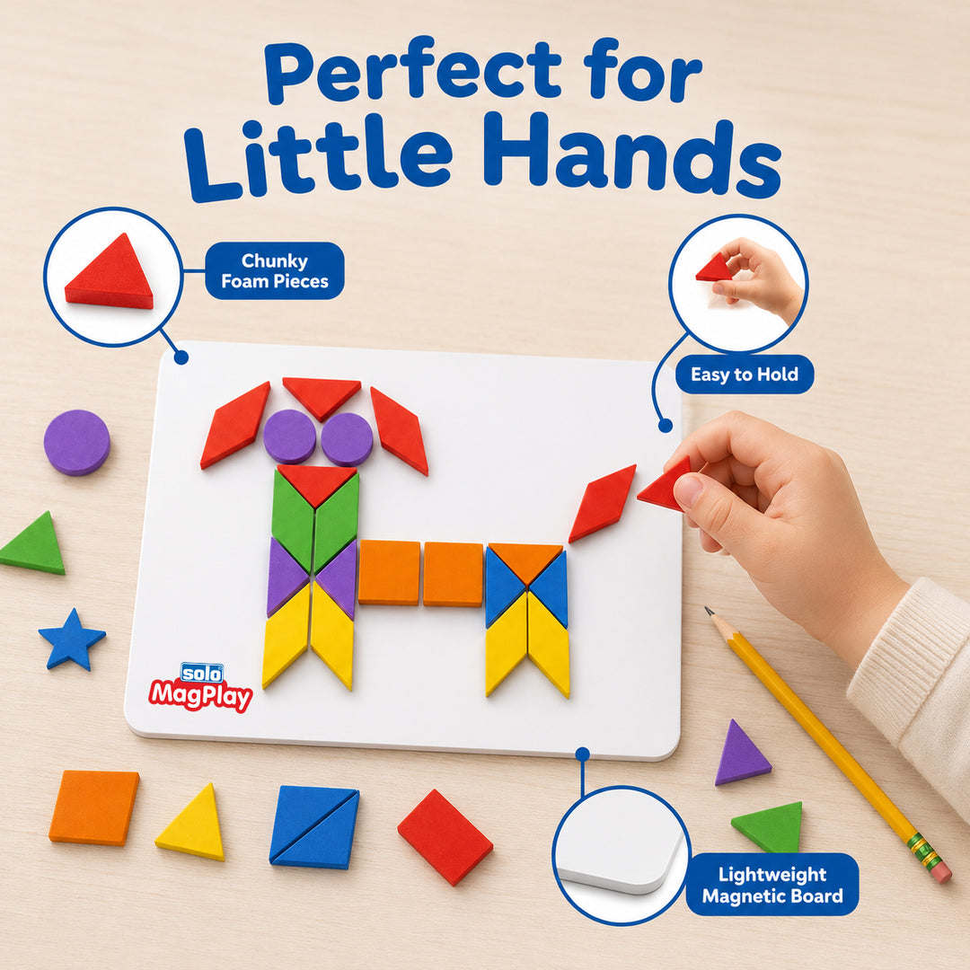 MagPlay Shapes Kit — 58 Magnetic Foam Shapes | A4 Metal Play Board | 2 Pattern Books | 200+ Designs | Bonus 7-Piece Tangram Set