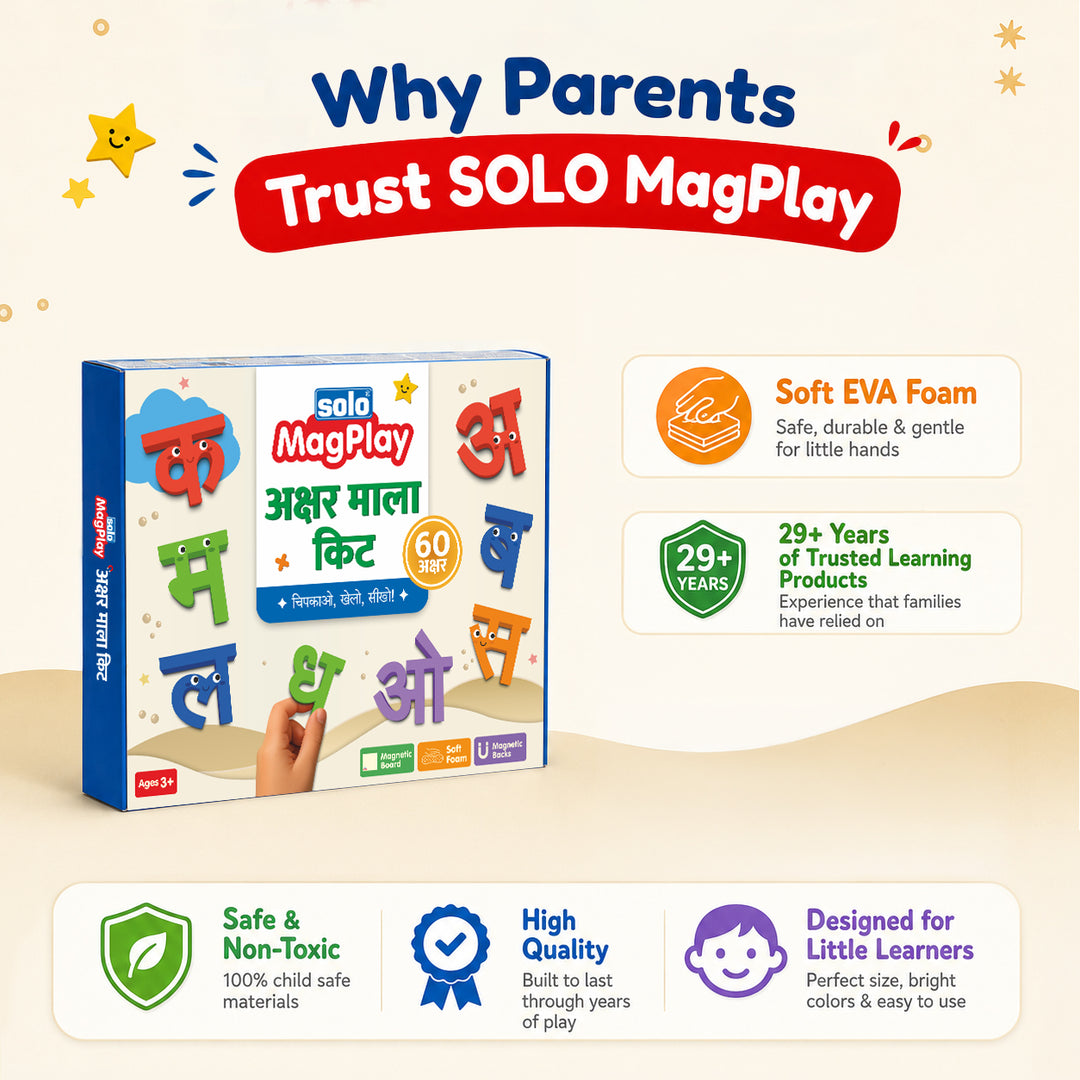 MagPlay Hindi Letters Kit (Varnmala Kit) — 60 Magnetic Foam Letters + A4 Metal Play Board