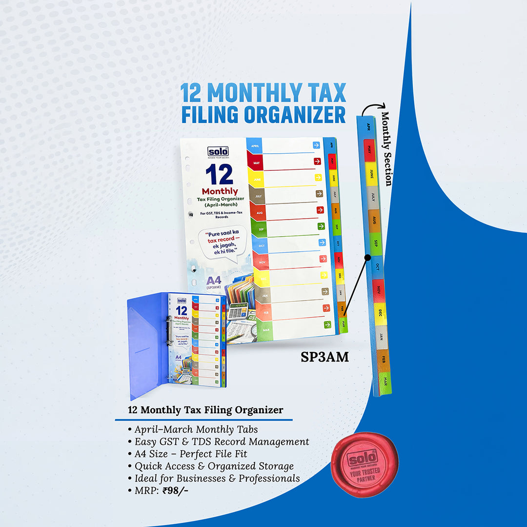 12 Monthly Tax Filing Organizer | 1 to 12 Tabs | A4 | Multicolor