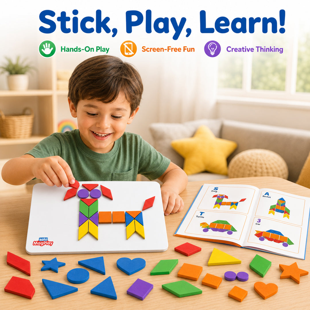 MagPlay Shapes Kit — 58 Magnetic Foam Shapes | A4 Metal Play Board | 2 Pattern Books | 200+ Designs | Bonus 7-Piece Tangram Set