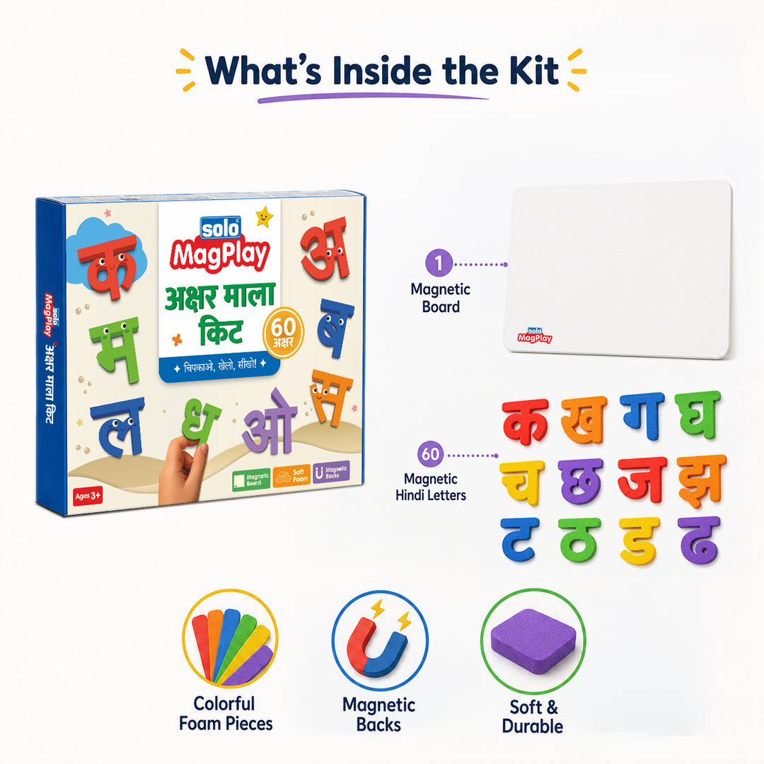 MagPlay Hindi Letters Kit (Varnmala Kit) — 60 Magnetic Foam Letters + A4 Metal Play Board
