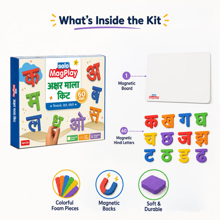 MagPlay Hindi Letters Kit (Varnmala Kit) — 60 Magnetic Foam Letters + A4 Metal Play Board