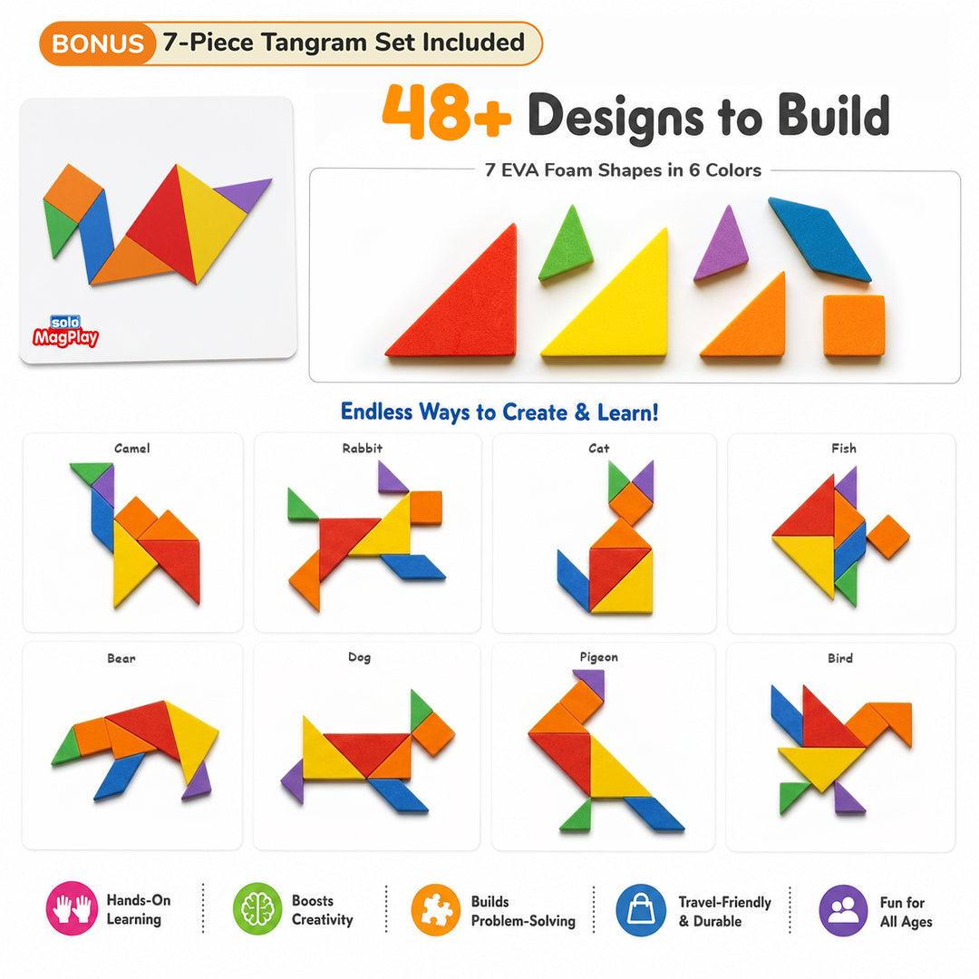 MagPlay Shapes Kit — 58 Magnetic Foam Shapes | A4 Metal Play Board | 2 Pattern Books | 200+ Designs | Bonus 7-Piece Tangram Set