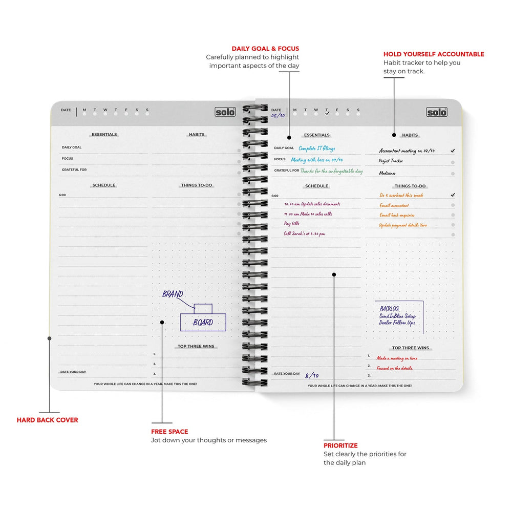 2025 Daily Planner | A5 Size | 180 Pages, Hard Bound Cover, Undated, Schedule Your Day, Manage To - Do List & Goals Tracker - Filex Systems Pvt Ltd