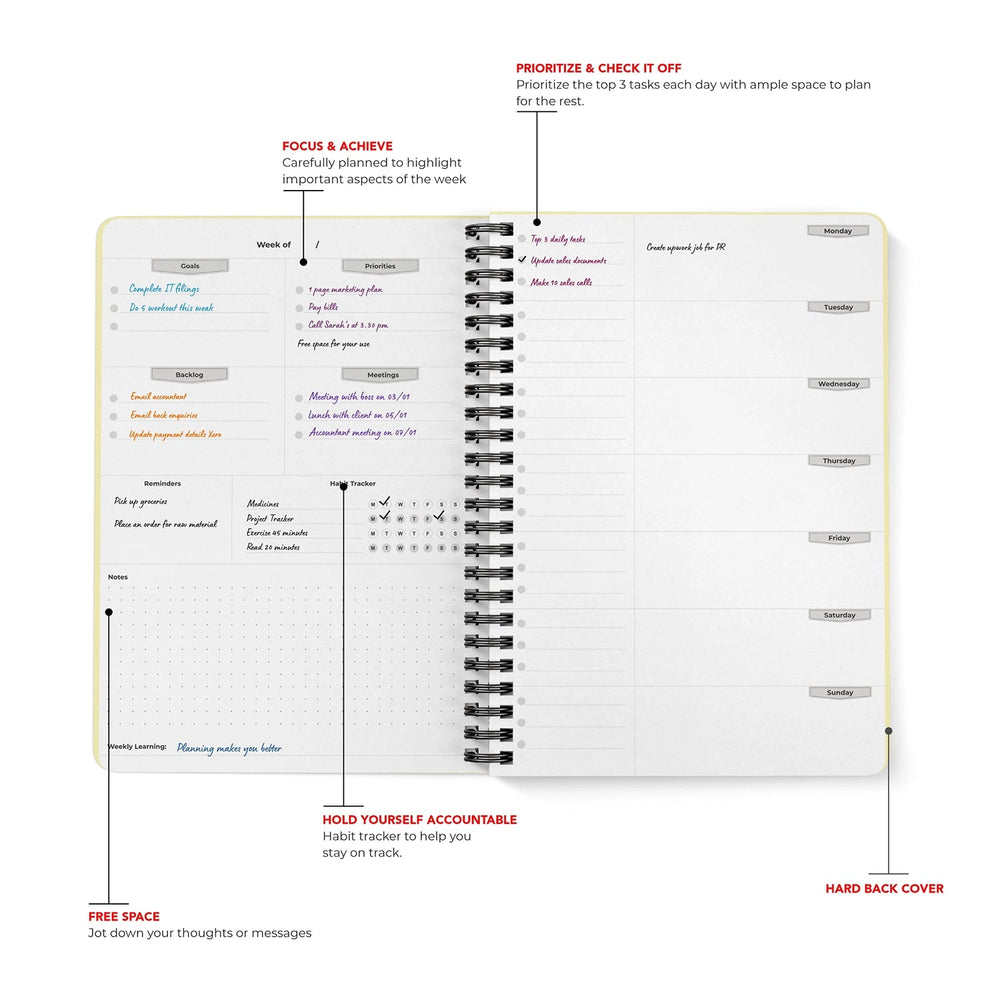 2025 Weekly Planner, Hard Bound Cover Journal for 53 Weeks Undated | A5 Size | Helps to Schedule Your Day, Manage To - Do List & Goals Tracker - Filex Systems Pvt Ltd