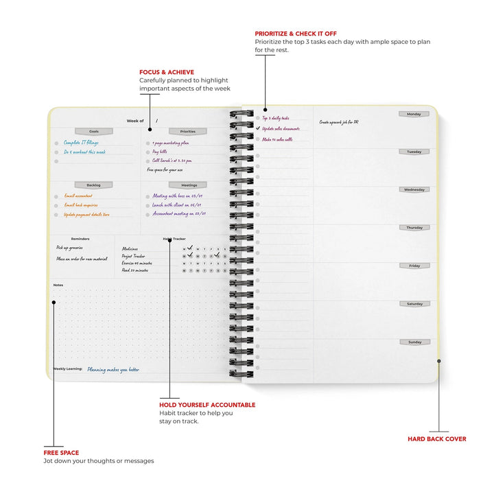 2025 Weekly Planner, Hard Bound Cover Journal for 53 Weeks Undated | A5 Size | Helps to Schedule Your Day, Manage To - Do List & Goals Tracker - Filex Systems Pvt Ltd
