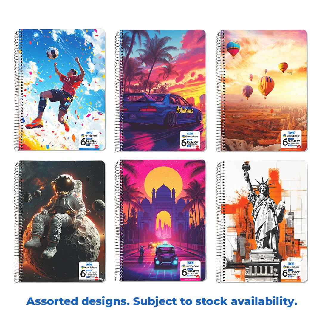 6 Subject Spiral Notebook – 300 Pages, A4 Size, Attractive Cover Designs, Soft Plastic Cover - Filex Systems Pvt Ltd