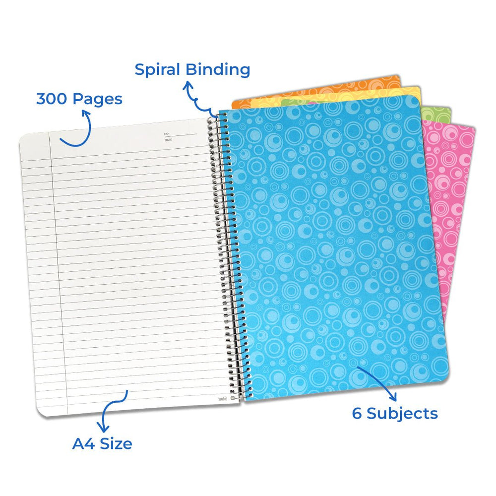 6 Subject Spiral Notebook – 300 Pages, A4 Size, Attractive Cover Designs, Soft Plastic Cover - Filex Systems Pvt Ltd