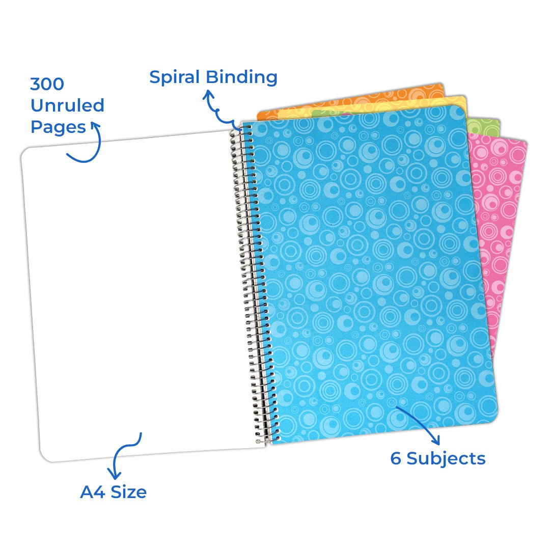 6 Subject Spiral Notebook – 300 Pages, A4 Size, Attractive Cover Designs, Soft Plastic Cover - Filex Systems Pvt Ltd