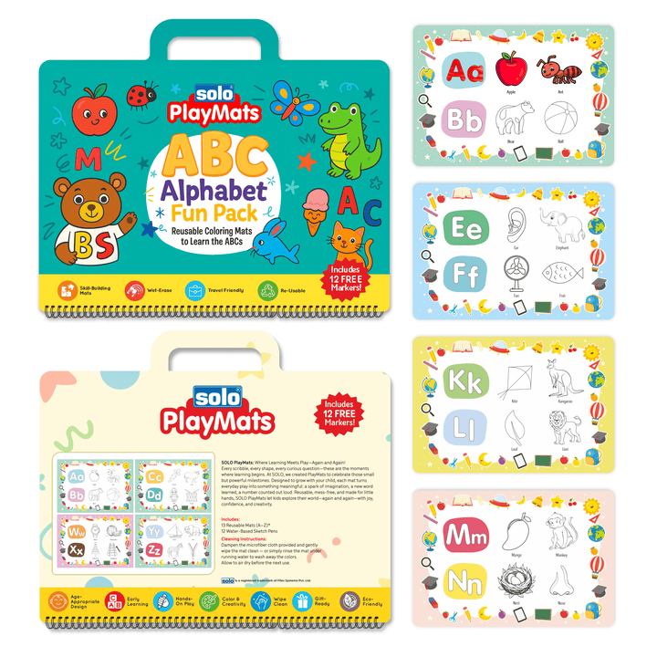 Alphabet Fun Pack – Reusable A–Z Coloring Mats for Preschoolers | SOLO PlayMats (Ages 3–5) | PMB01 - Filex Systems Pvt Ltd