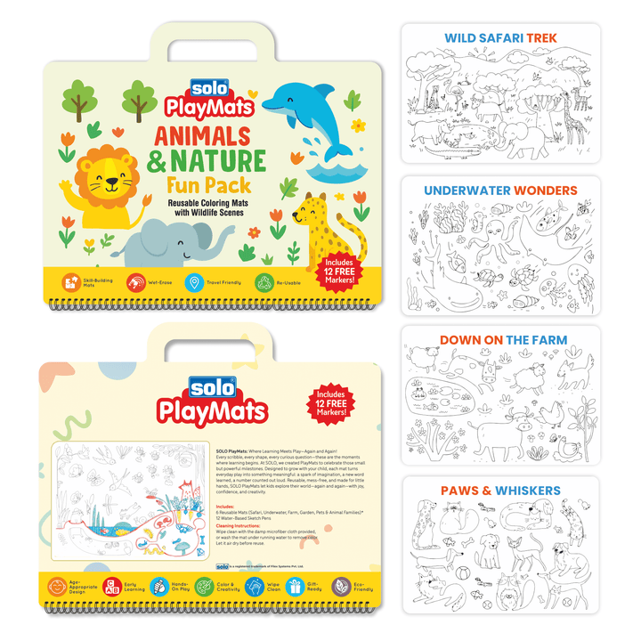 Animals &amp; Nature Pack – Reusable Coloring Mats with Safari, Ocean &amp; Farm Themes | SOLO PlayMats | PMB04 - Filex Systems Pvt Ltd