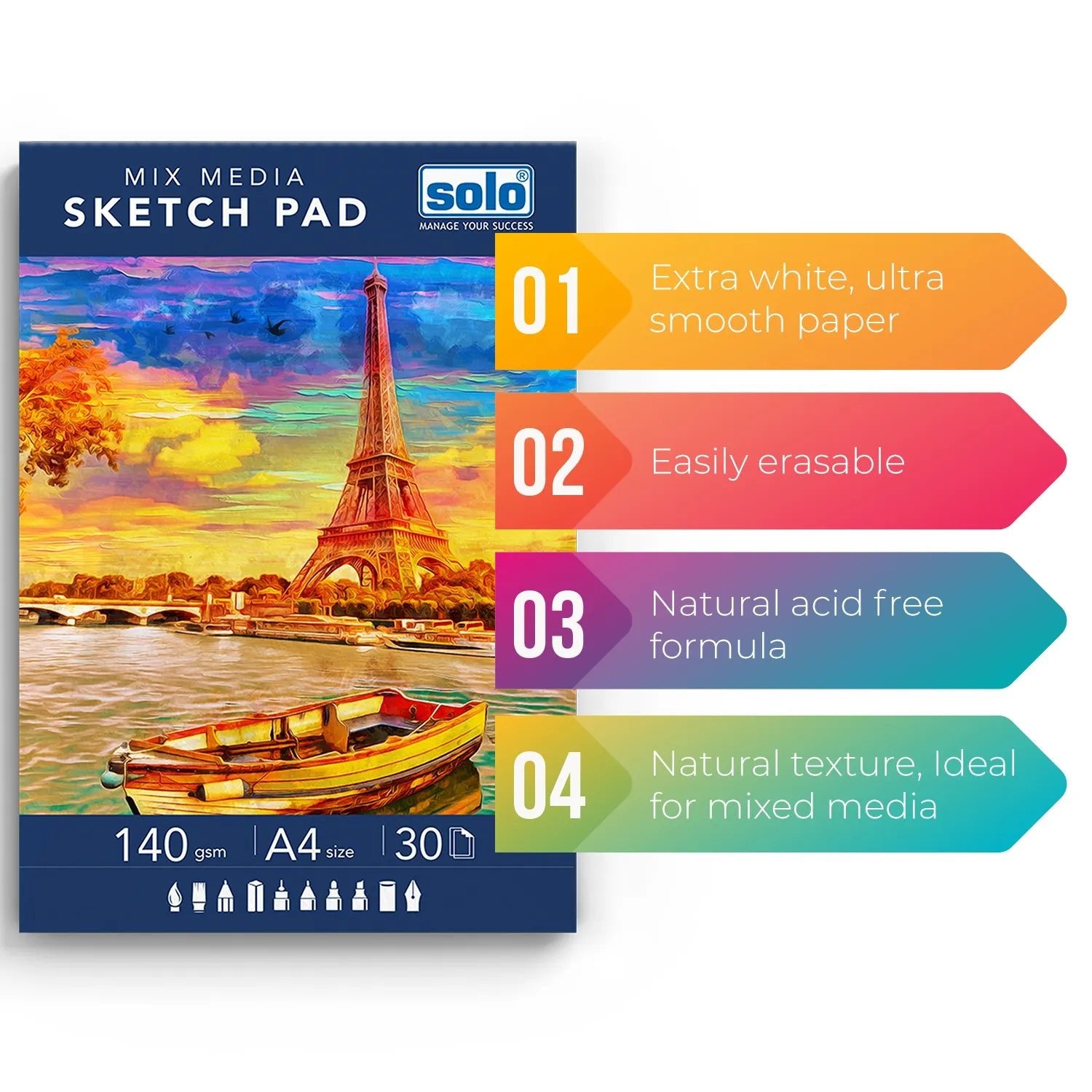 Mixed Media Sketchpad, A4 Size, 30 Sheets (Pack of 4), 140 GSM – Portrait - Filex Systems Pvt Ltd