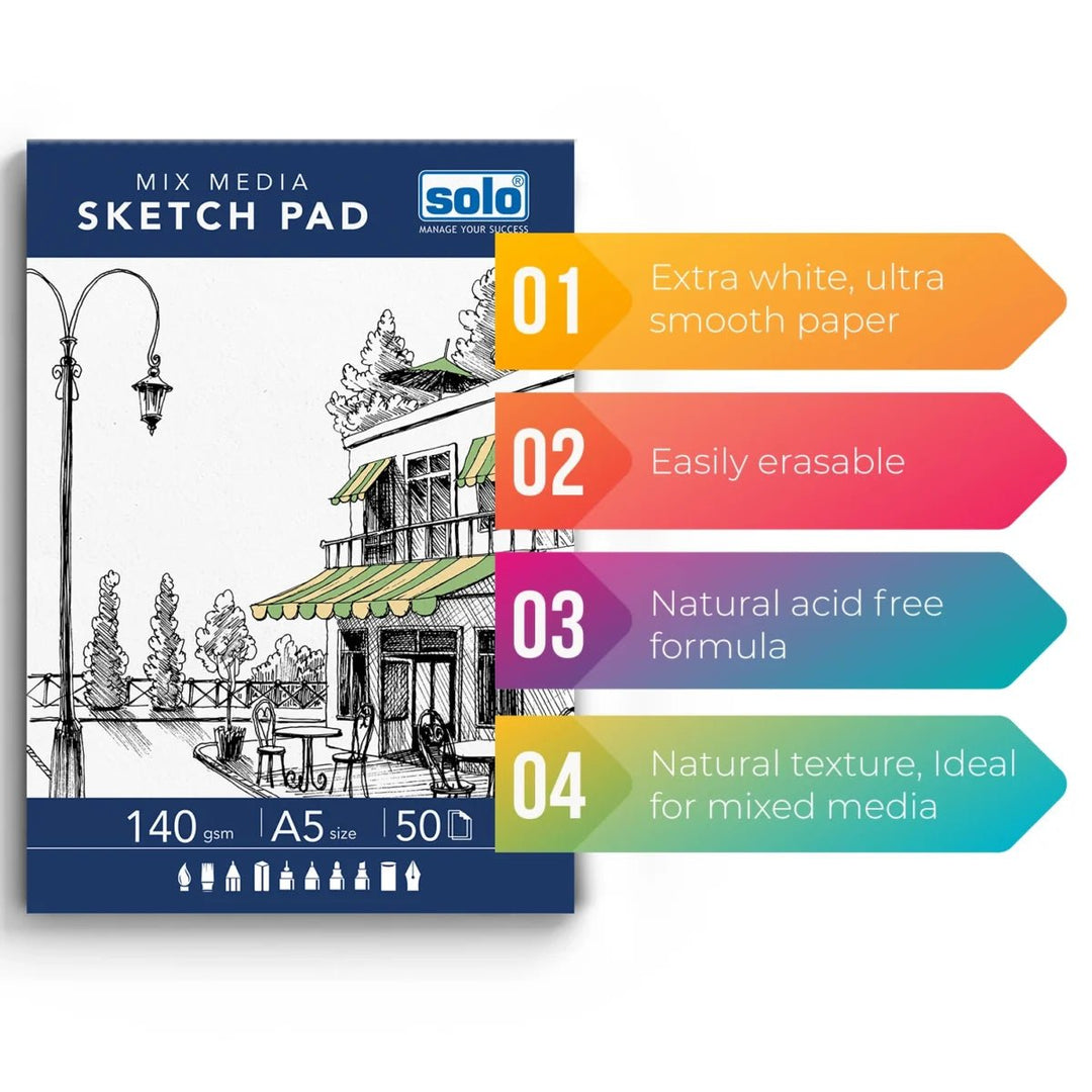 Mixed Media Sketchpad, A5 Size, 50 Sheets (Pack of 4), 140 GSM – Portrait - Filex Systems Pvt Ltd