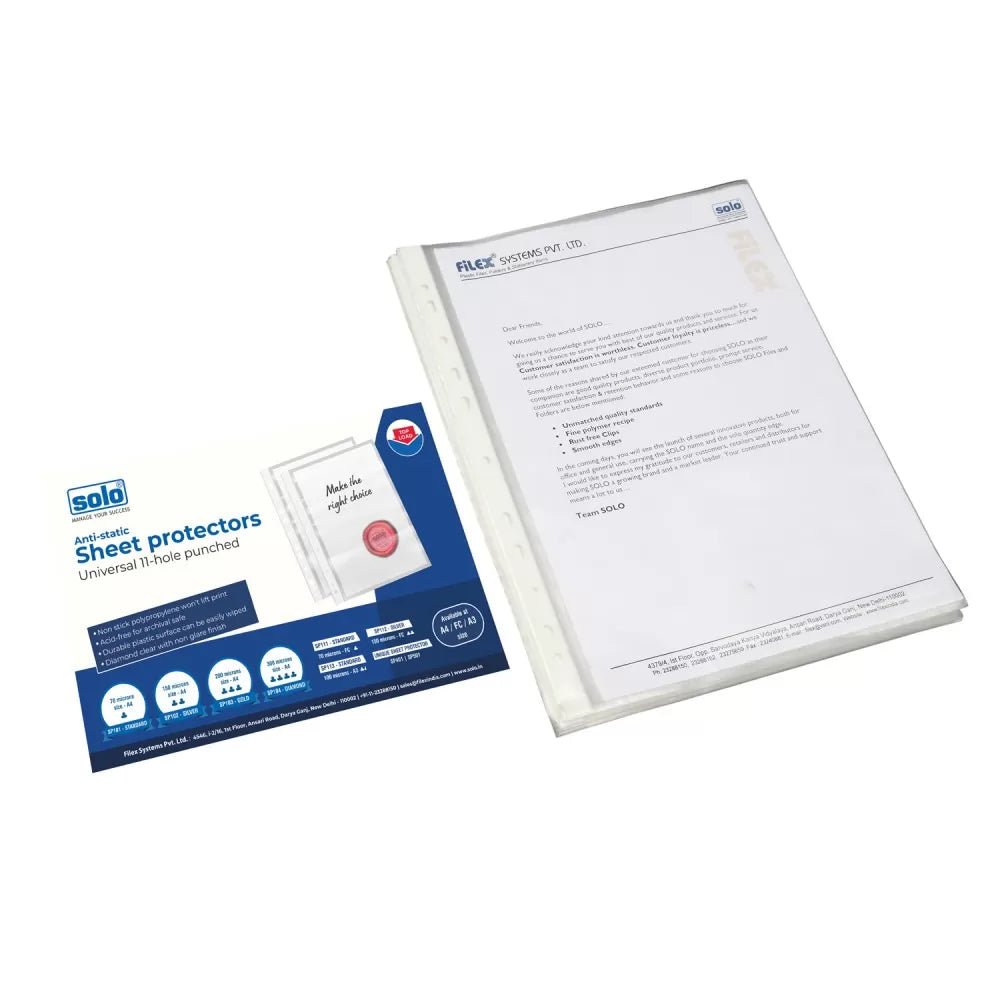 Sheet Protector – 11 Hole, GOLD (100+100 Microns), A4 (SP103), Pack of 50 - Filex Systems Pvt Ltd