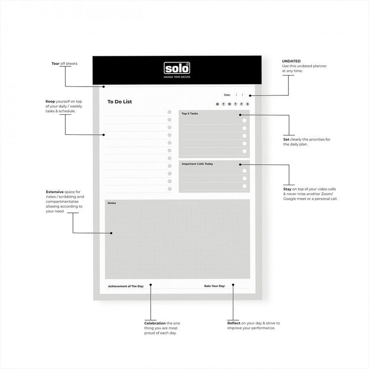 SOLO Daily Planner | Things To Do Pads of 90 tear off sheets - Filex Systems Pvt Ltd