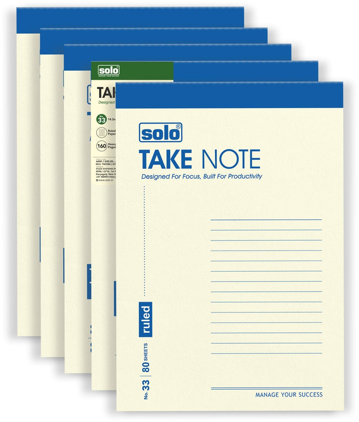 Takenote Slip Pad, Ruled Paper with 80 Sheets (160 Pages), Writing Notepad | Laminated Paper Cover | Pack of 5 - Filex Systems Pvt Ltd
